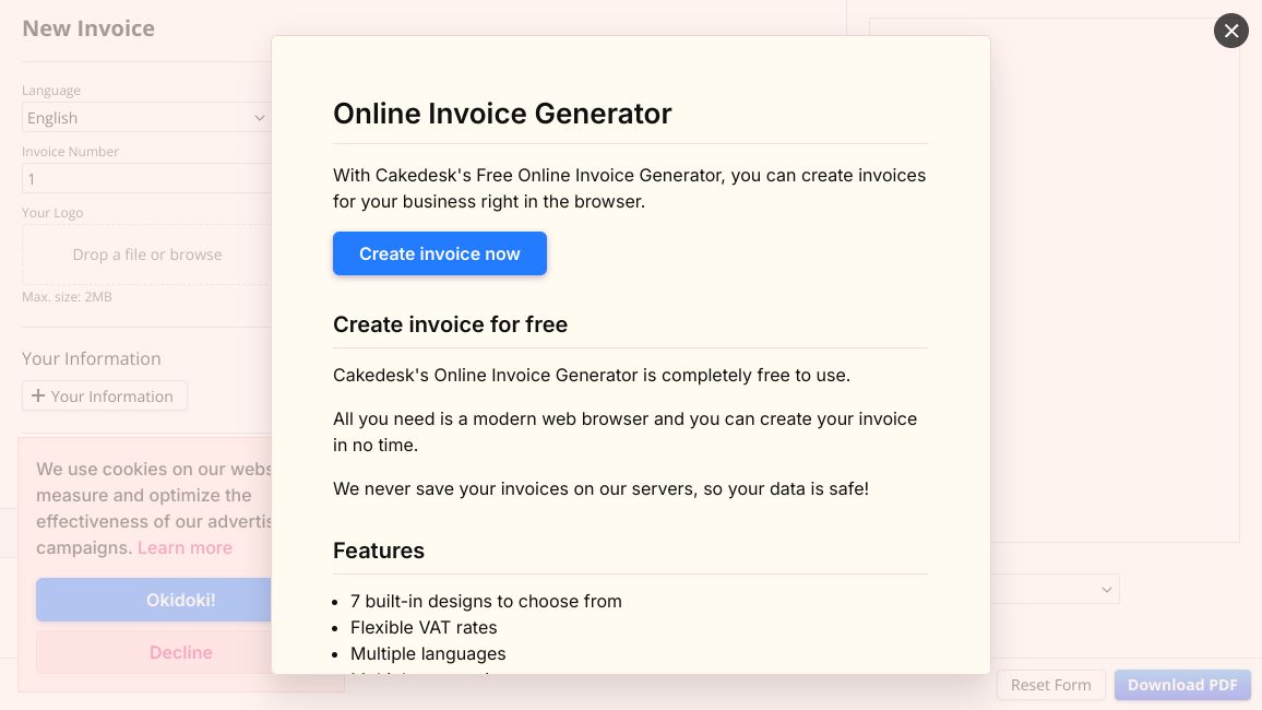 Screenshot of Online Invoice Generator