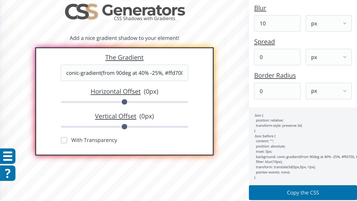 Screenshot of Gradient CSS Shadow Generator