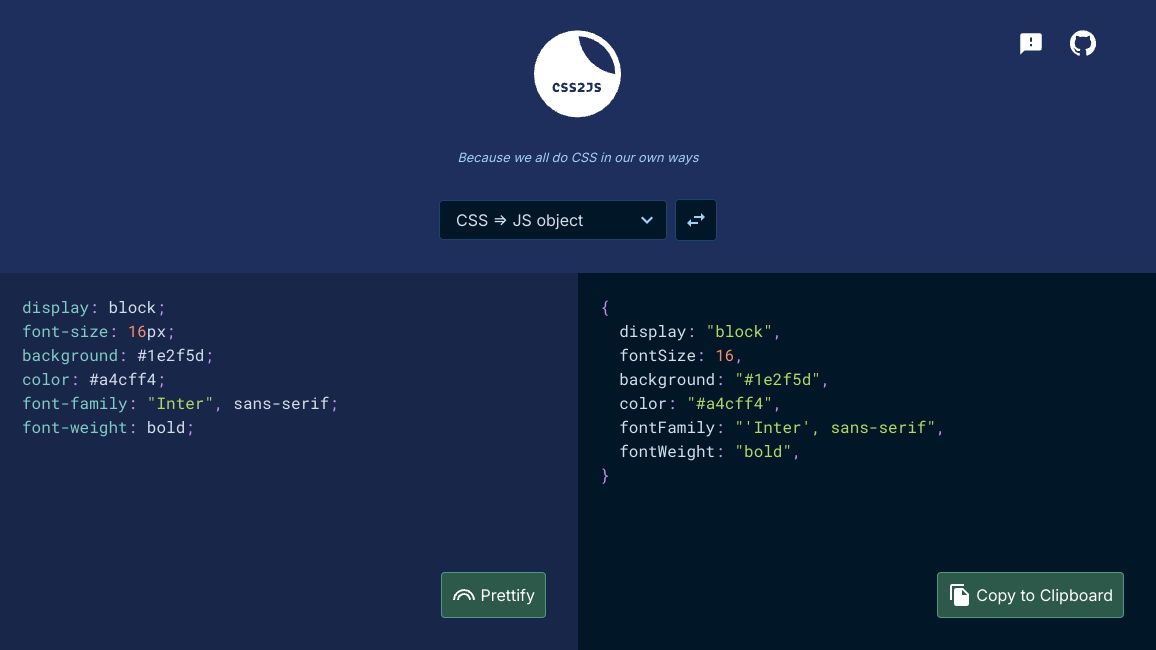 Screenshot of CSS2JS