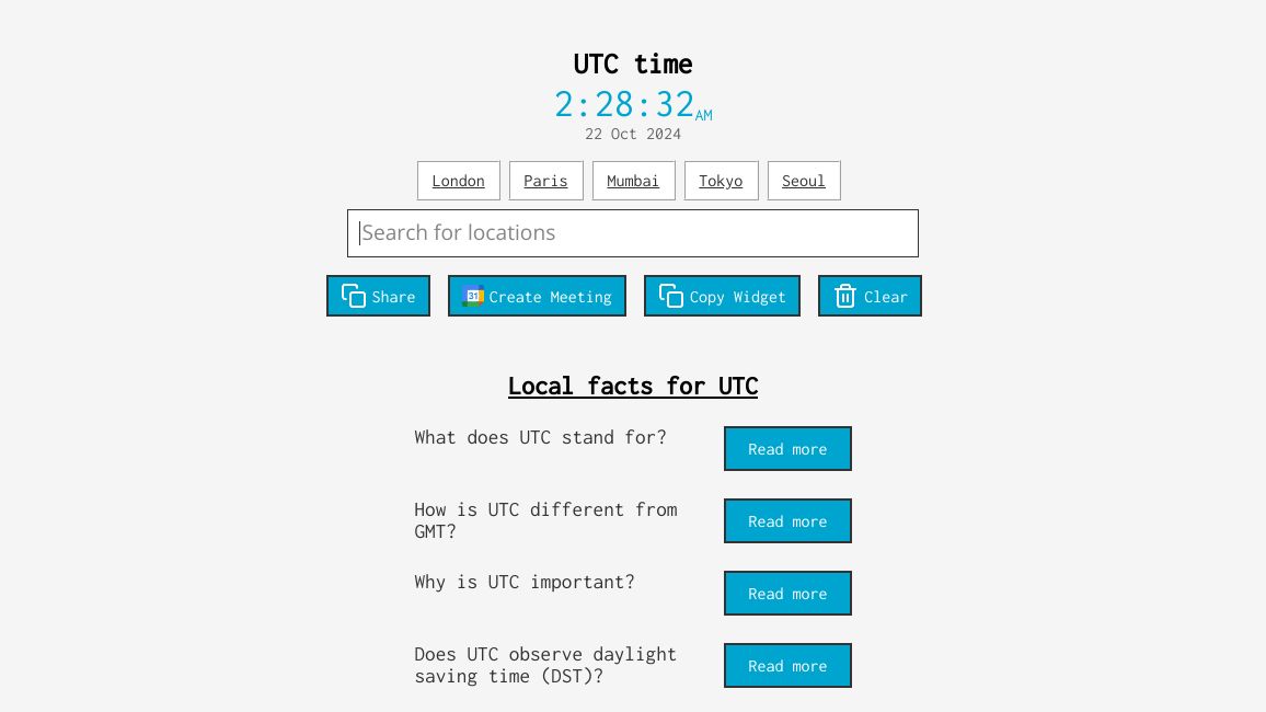 Screenshot of Current time utc - local time lookup