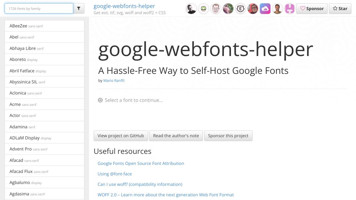 Screenshot of google-webfonts-helper