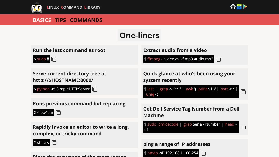 Screenshot of Linux Command Library - One-liners