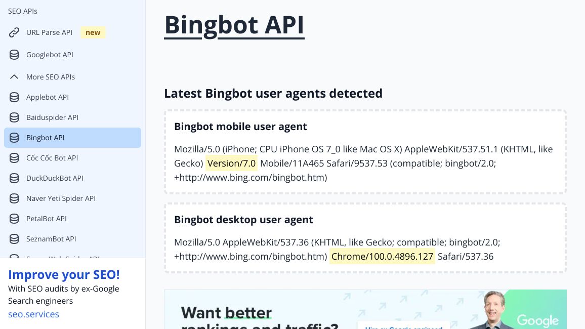 Screenshot of Bingbot API