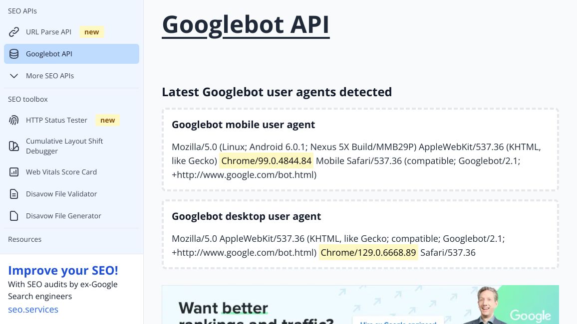 Screenshot of Googlebot API