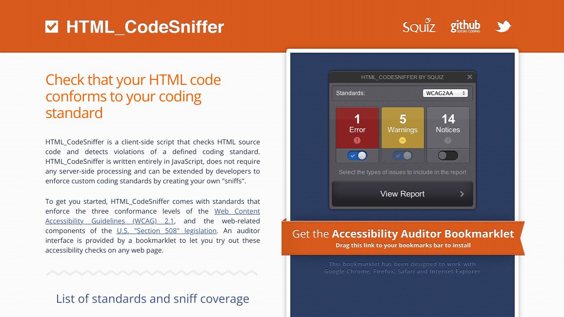 Screenshot of HTML CodeSniffer