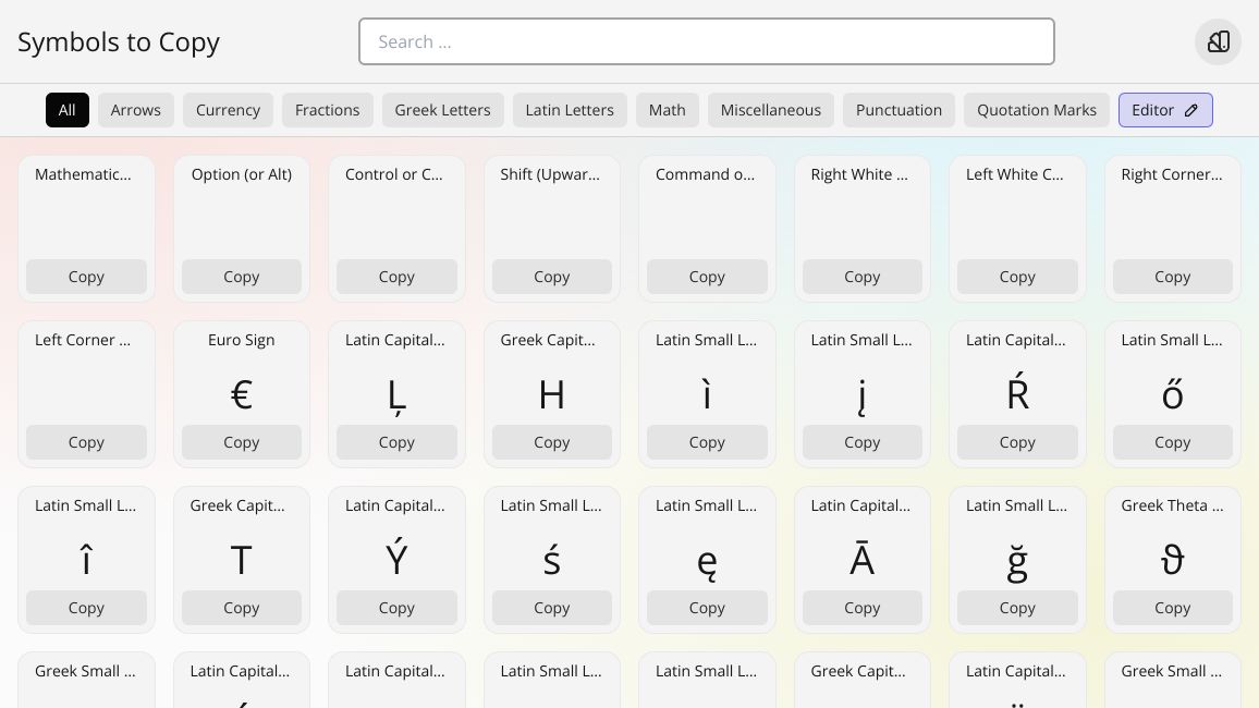 Screenshot of Symbols to copy