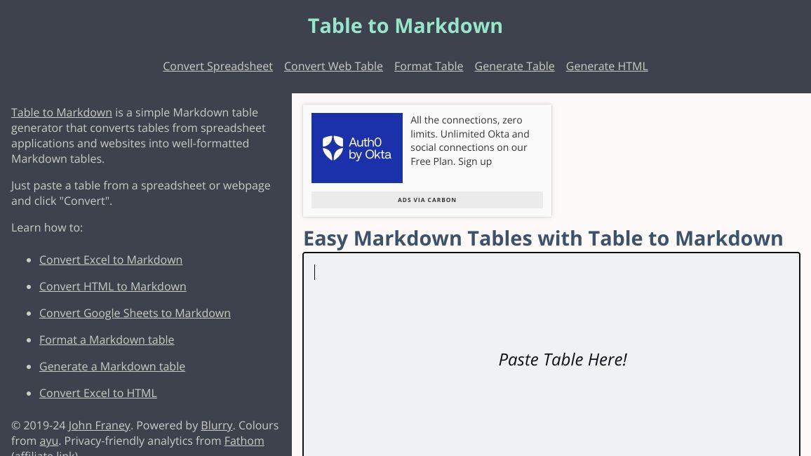 Screenshot of Table to Markdown