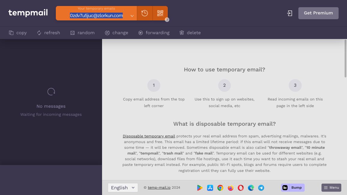 Screenshot of temp-mail.io