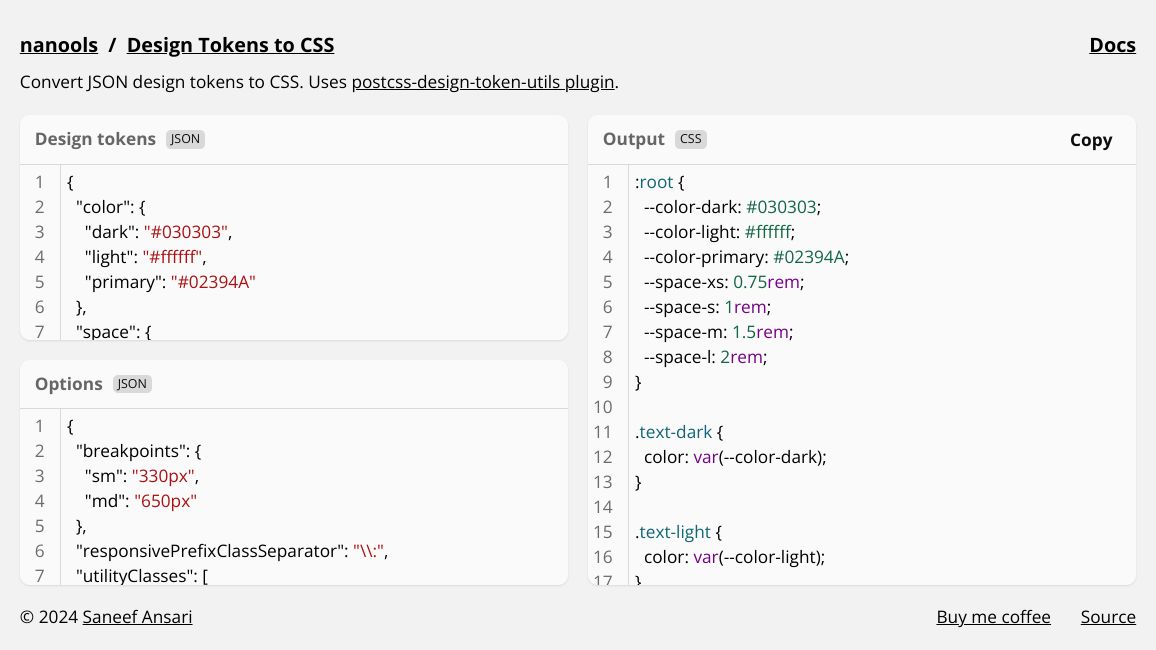 Screenshot of Design Token to CSS