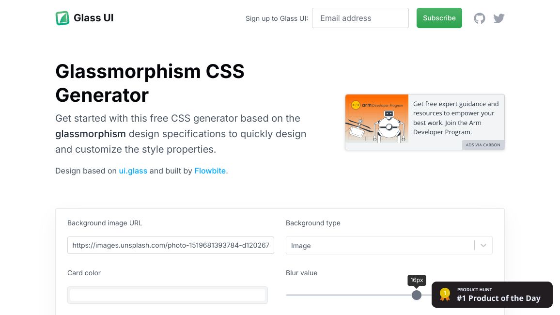 Screenshot of Glassmorphism CSS Generator