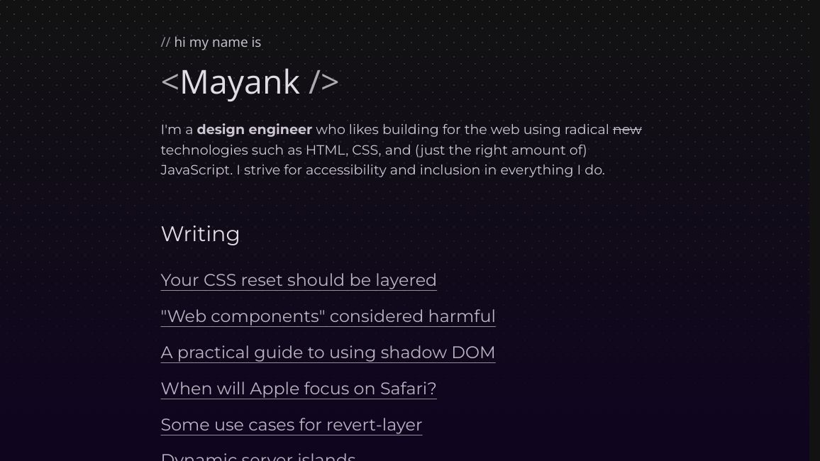 Page screenshot of www.mayank.co/