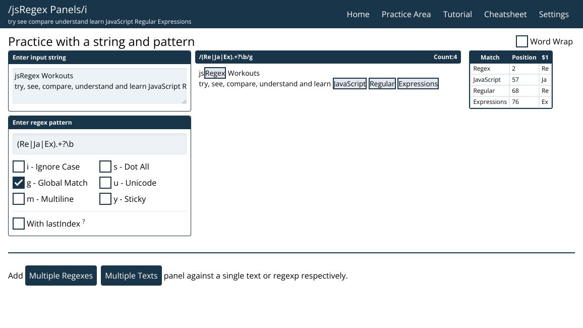 Screenshot of JavaScript Regex Panels