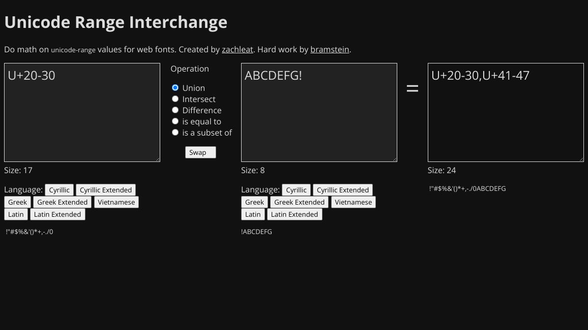 Screenshot of Unicode Range Interchange